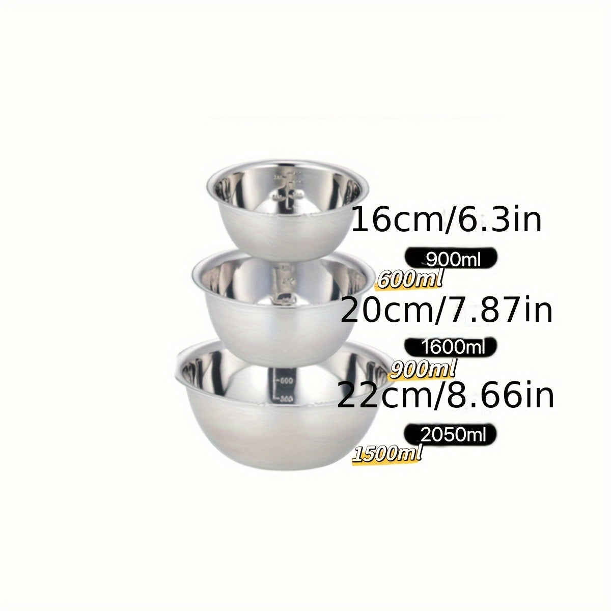 Set of 3 stainless steel mixing bowls with scales, ideal for cooking, baking, meal prep, and various kitchen tasks. Versatile for use as a cooking basin, washing bowl, fruit bowl, noodle bowl, and more. Essential kitchen accessories perfect for back to