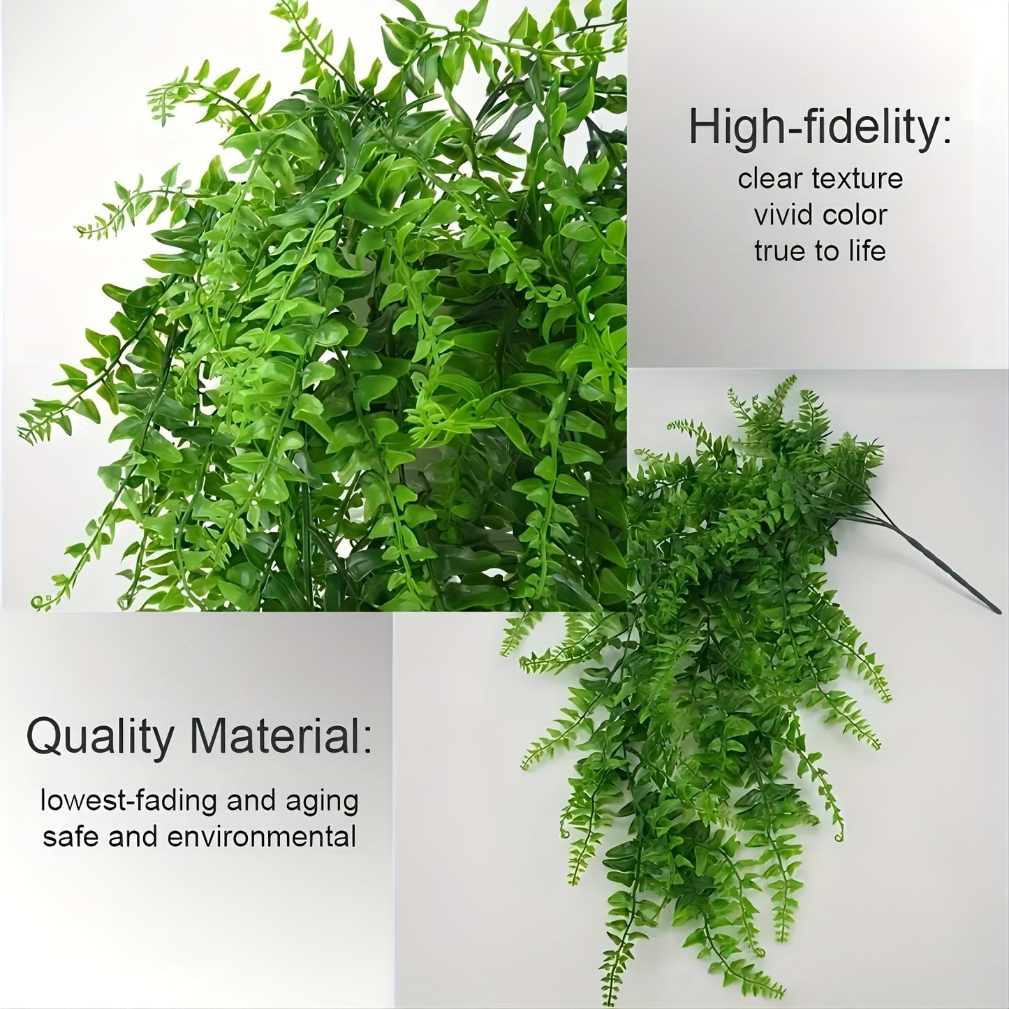 2pcs Premium artificial fern and rattan hanging plants with UV resistant plastic for outdoor and indoor decoration such as weddings, rooms, and gardens.