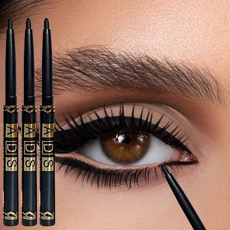 3 black waterproof eyeliner pencils with easy twist application, sweatproof and smudge-proof for flawless eye makeup.