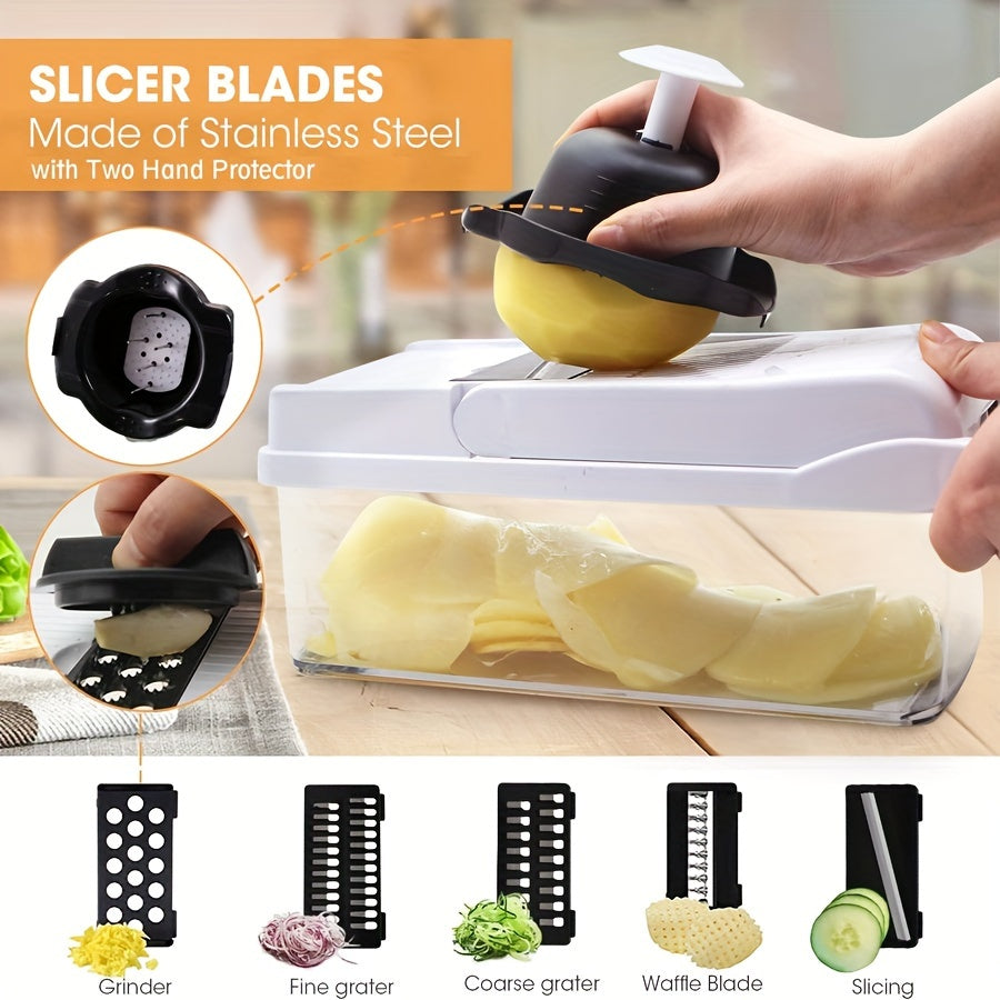 '- Kitchen Set includes 1 Vegetable Chopper, 22in1/15in1 Slicer, Manual Food Grater, and Onion Mincer Cutter
- Multifunctional design for slicing fruits and vegetables easily
- Convenient container for collecting sliced vegetables
- Household essential