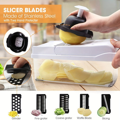 '- Kitchen Set includes 1 Vegetable Chopper, 22in1/15in1 Slicer, Manual Food Grater, and Onion Mincer Cutter
- Multifunctional design for slicing fruits and vegetables easily
- Convenient container for collecting sliced vegetables
- Household essential