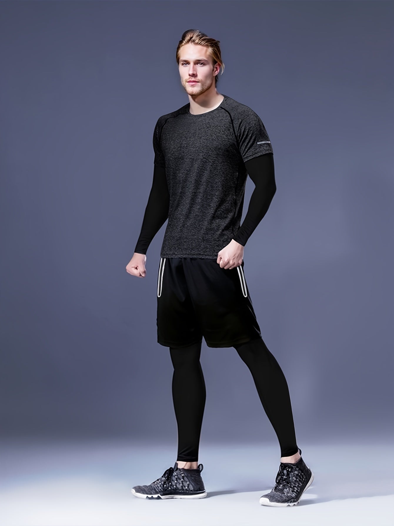 Gengyuan offers a 4-piece men's set for autumn basketball training and fitness activities, including long-sleeve tops, t-shirts, tight pants, and quick-dry sports shorts.