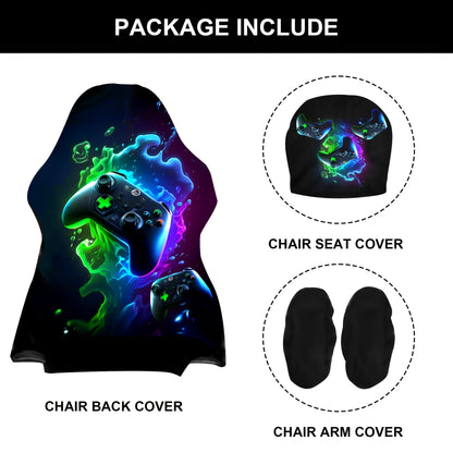 Modern gaming chair cover with high elasticity and unique digital print, made from a blend of polyester and spandex fabric. Washable and suitable for home and office decor.