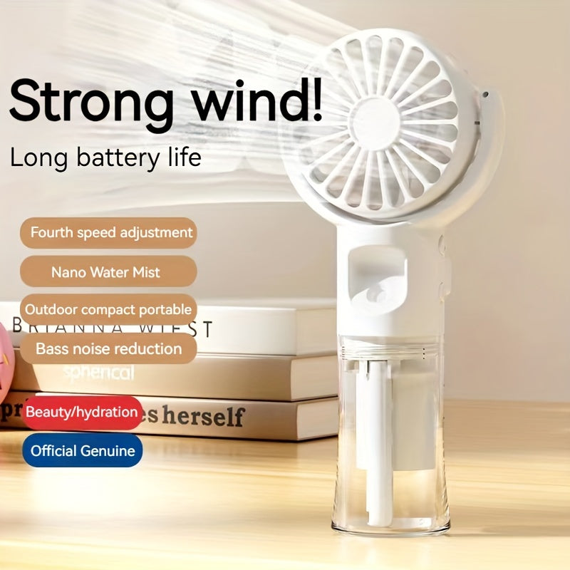 Compact, rechargeable handheld spray fan and mini facial steamer, perfect for on-the-go use during travel and outdoor adventures.