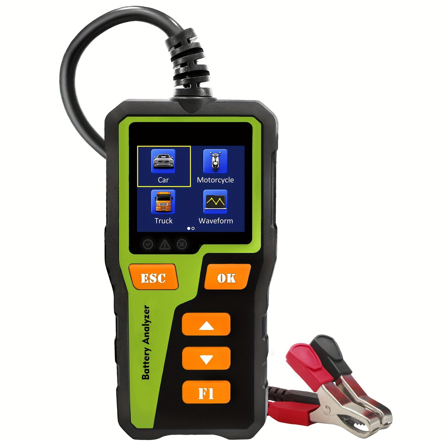 12V 24V Car Battery Tester Analyzer for Automotive Battery System Testing, including SOC, SOH, Internal Resistance, Charging, Cranking, and Diagnostic Tool for various vehicles.