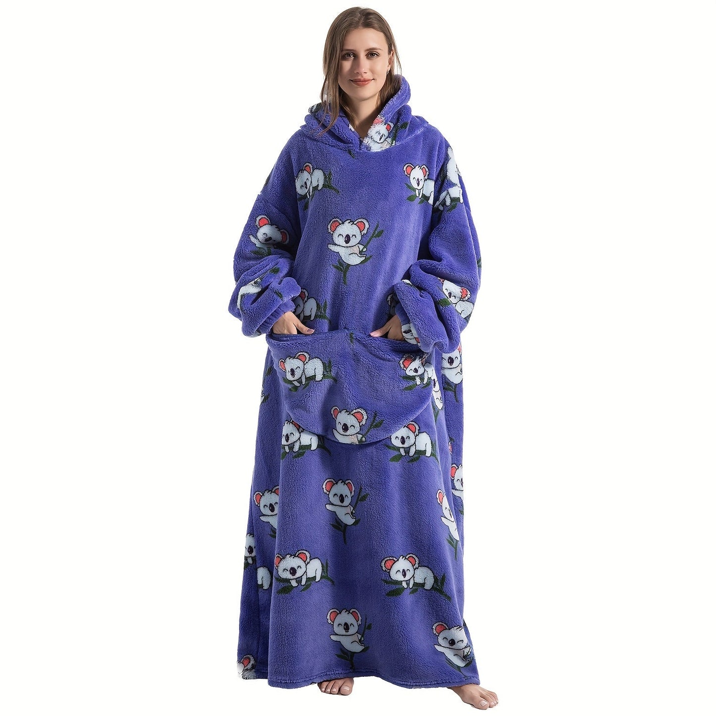 Super warm and cozy fleece oversized hoodie blanket with sleeves for adults. This wearable blanket hoodie features a giant pocket and is perfect for staying extra warm on cold days. Makes a great gift for women, men, and moms.