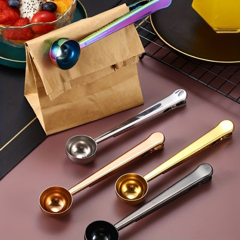 Coffee Scoop with Bag Clip - 1 piece, Stainless Steel Measuring Spoon and Sealing Clamp, Multifunctional Milk Powder Scoop with Clip, Essential Kitchen Accessory