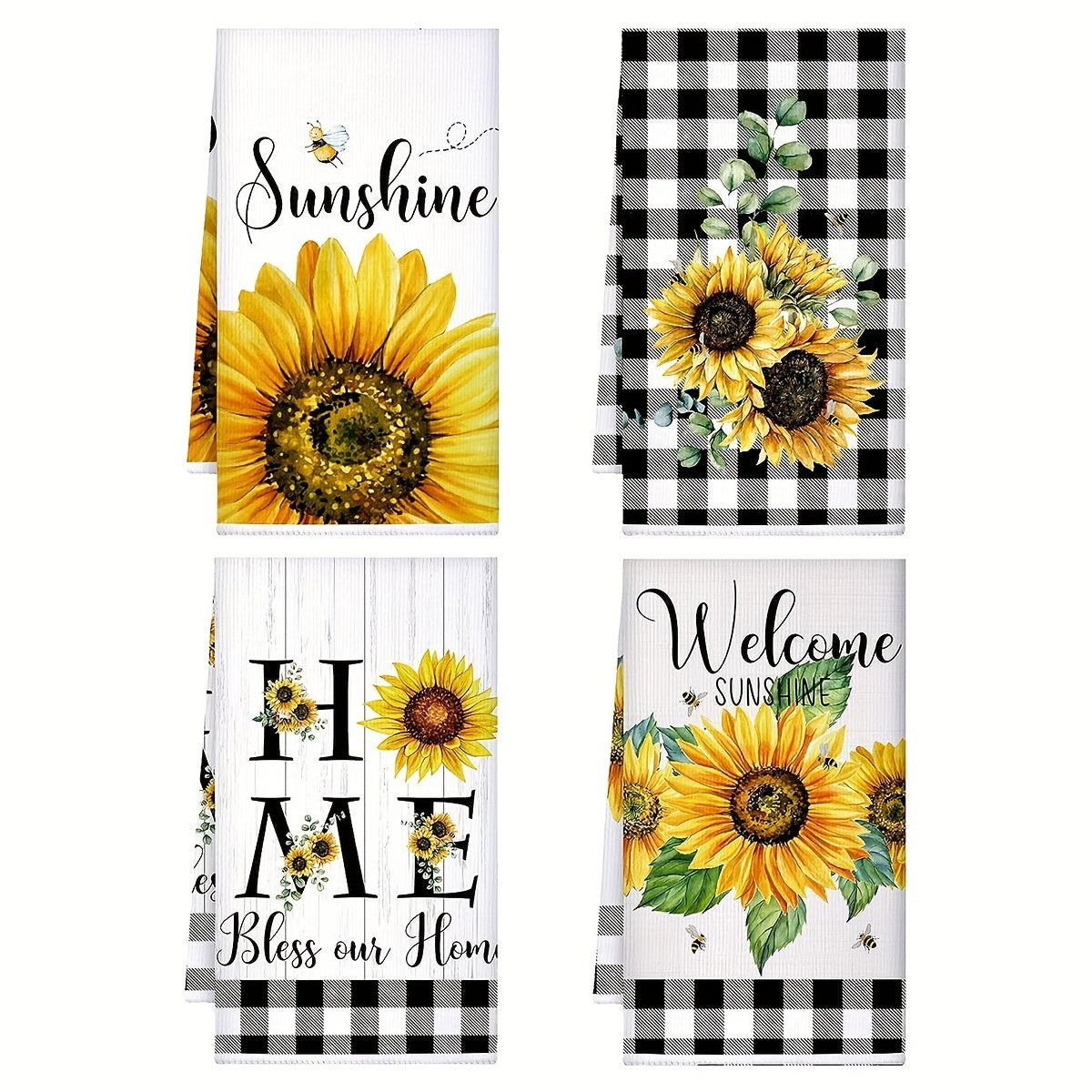 Set of 4 modern sunflower printed dish towels, made of super absorbent soft microfiber for quick-drying and lint-free cleaning in the kitchen. Perfect for seasonal decorative use.