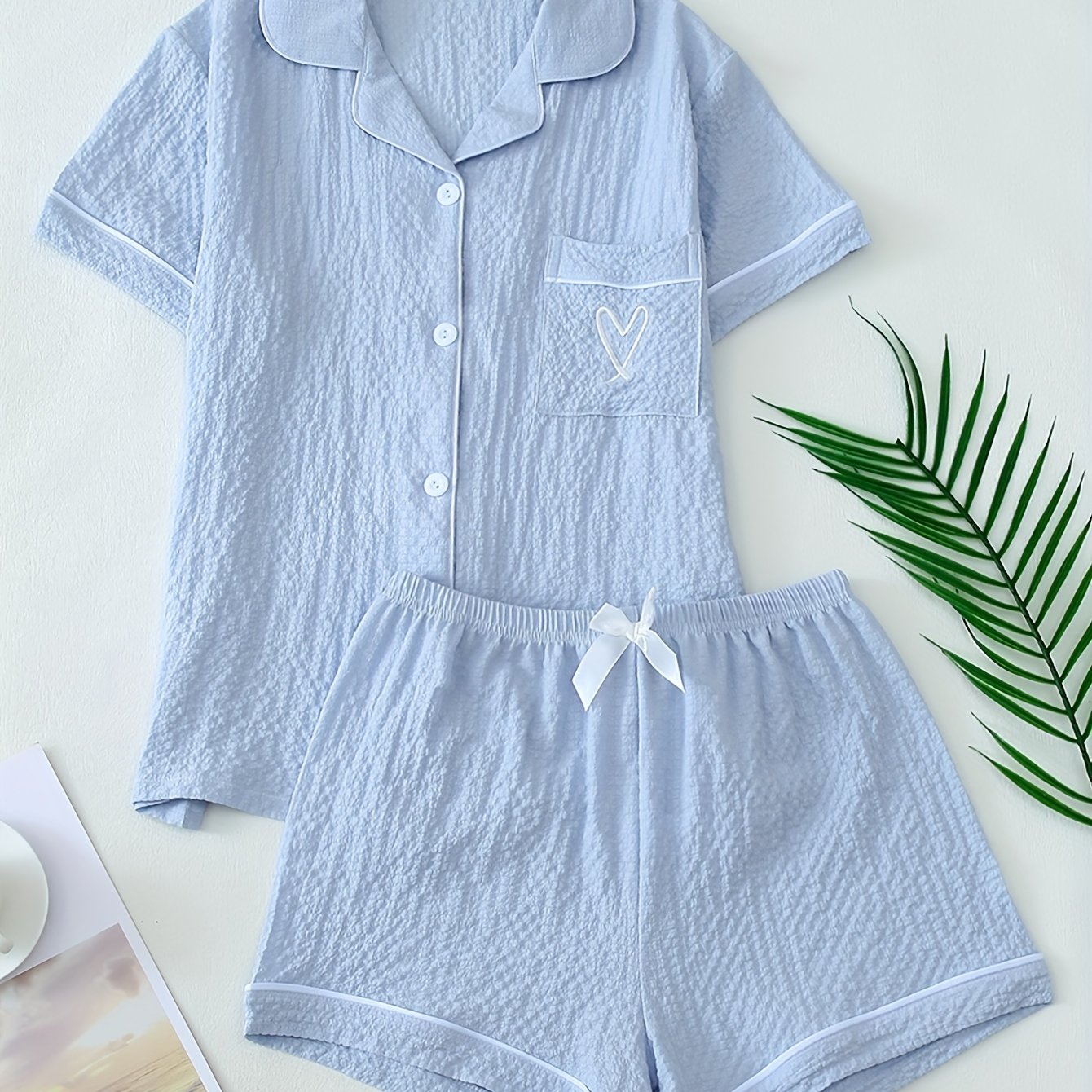 Women's Casual Pajama Set: Light Blue with Heart Embroidery, Short Sleeve Top and Shorts, Polyester/Spandex Blend, Woven Placket, Spring/Summer/Fall Sleepwear