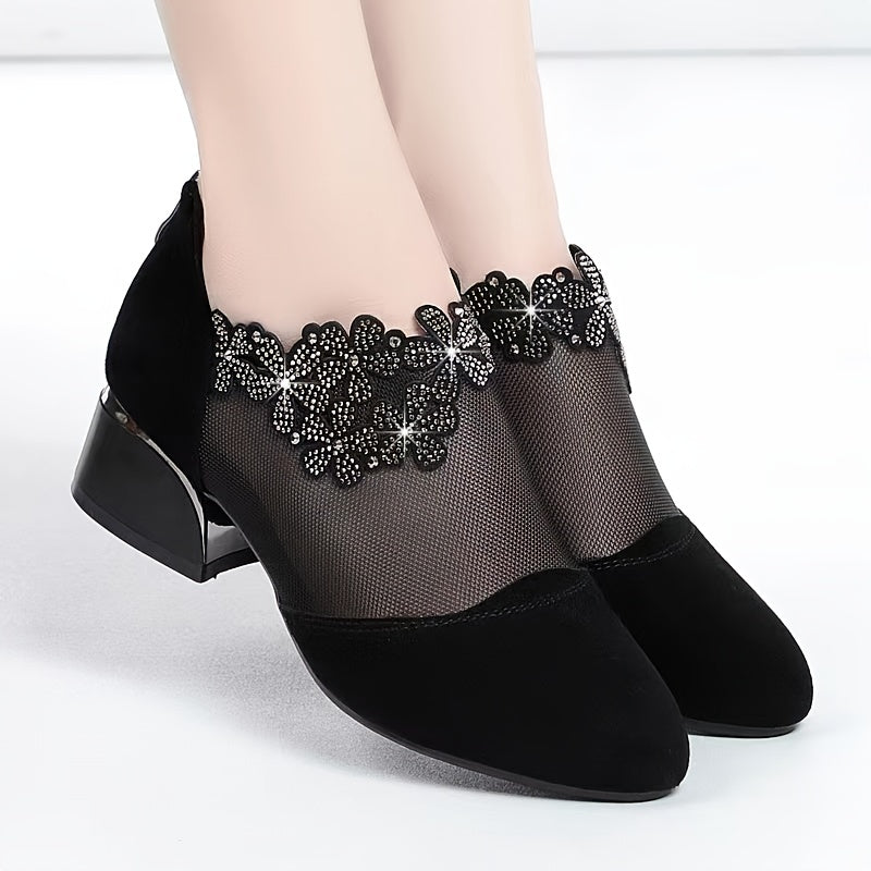 Women's Rhinestone Mesh Block Heel Zipper Dress Shoes