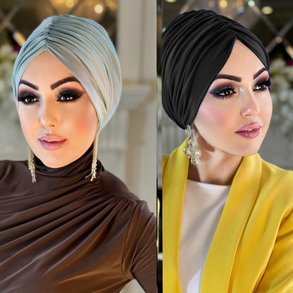 2 Women's Solid Color Pleated Hijab Caps in White & Black - Lightweight, Stretchy Polyester Under Scarf Hats for Ramadan and Casual Attire