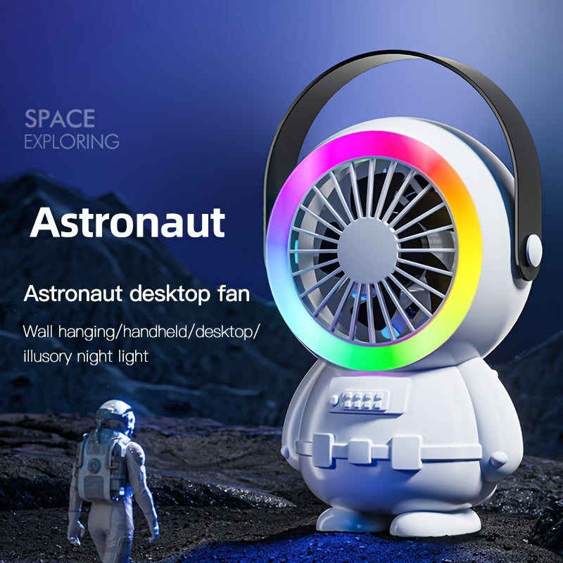 A fashionable astronaut-themed USB fan that is rechargeable and portable, featuring three adjustable speed settings. Perfect for both indoor and outdoor use.