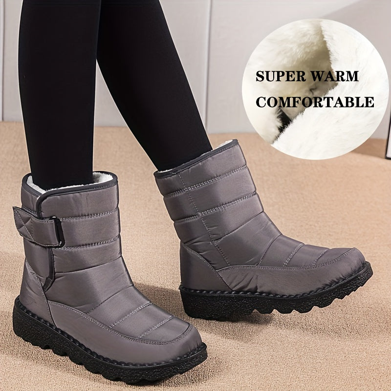 Women's mid-heel snow boots, sizes 36-43, round toe fabric upper, water-resistant PU sole, hook-and-loop closure, all-season winter footwear.