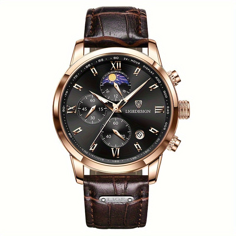 LIGE Men's Luxury PU Leather Sport Quartz Wristwatch with Chronograph Function, Masculine Design, Perfect Gift for Men for Christmas.