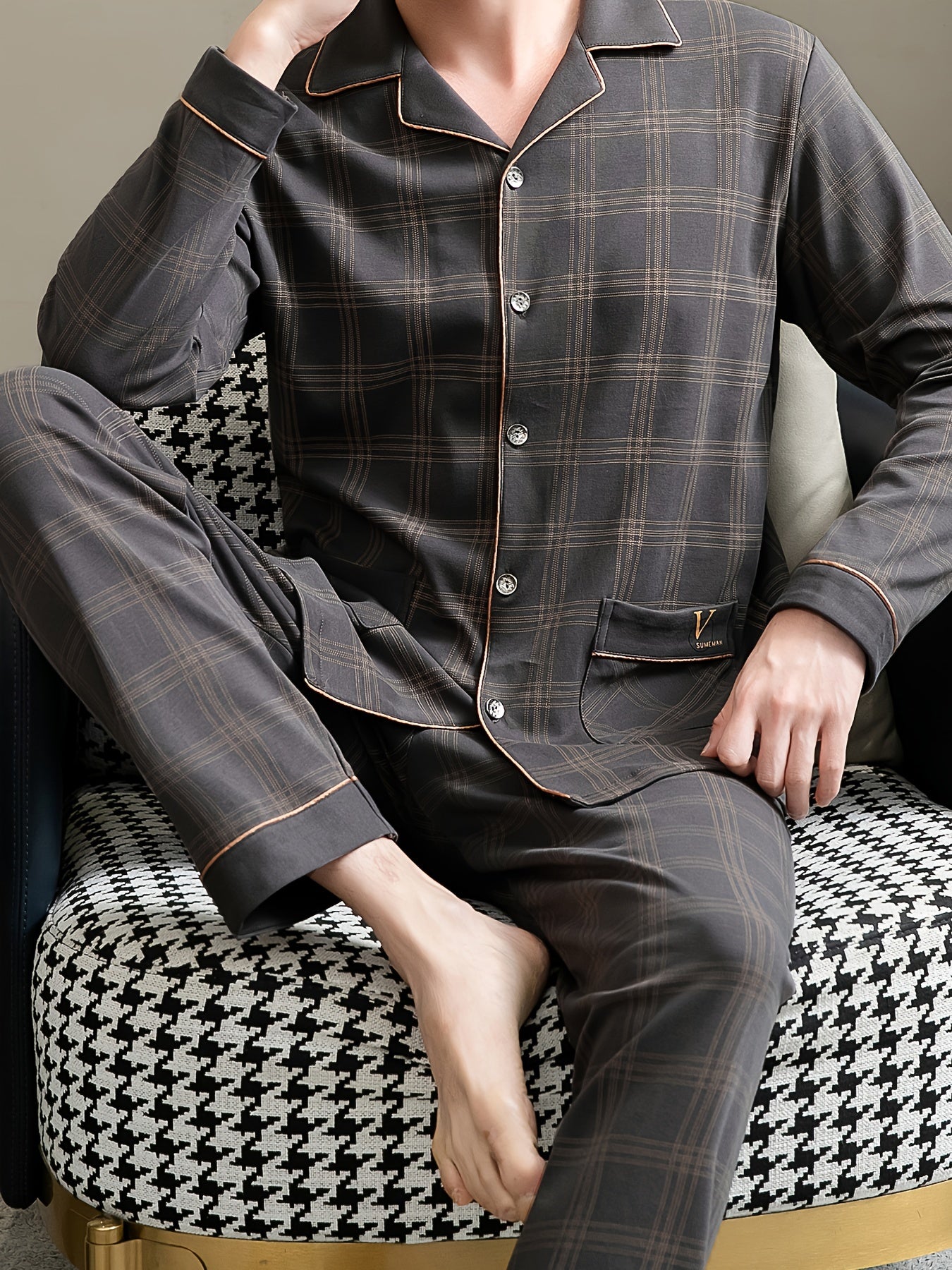 2 Men's Cotton Pajama Sets with Long Sleeve Shirt & Pants, Brown Plaid Design for Spring/Fall Loungewear.