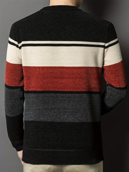 Men's winter crew neck sweater with striped design, thick polyester material, casual round neck, regular fit, long sleeves, ribbed hem and cuffs, fashionable letter pattern, provides winter