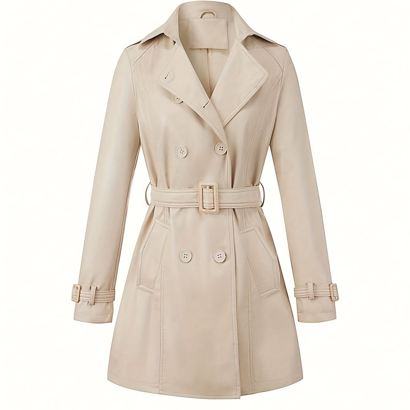 Elegant women's PU leather trench coat with belt, in solid color, lightweight for spring/fall with woven polyester and viscose blend.