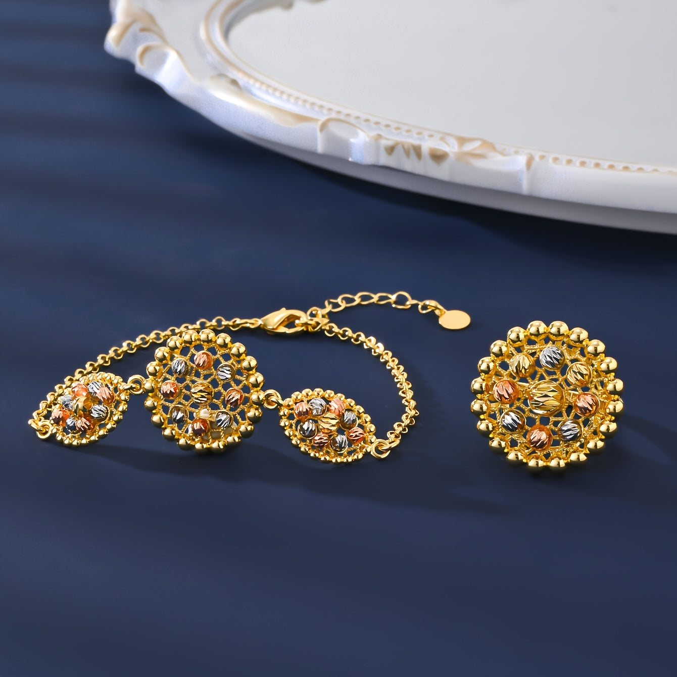 Luxurious MEIZ jewelry set featuring 18K gold-plated pieces in Bohemian and Arabian styles. Set includes necklace, earrings, ring, and bracelet all made with high-quality copper. Versatile for daily wear or gifting, perfect for Ramadan and all seasons.