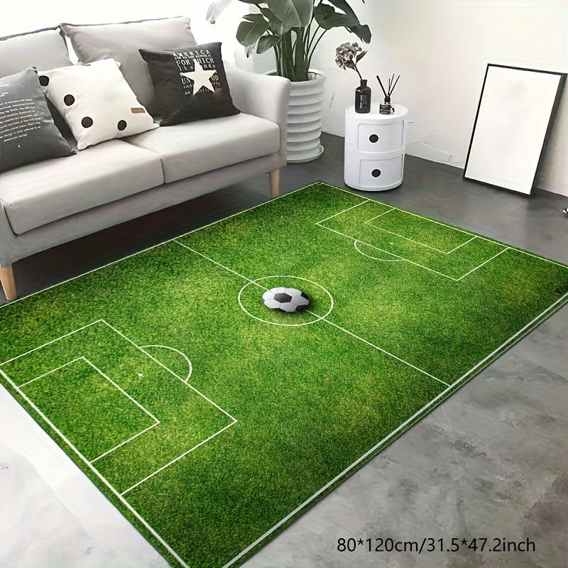 1 piece of a non-slip soft carpet floor mat designed as a soccer field football stadium, featuring green grass with painted lines for sports play. Can be used indoors or outdoors as a runner rug or yoga mat to add a sporty touch to home decor.