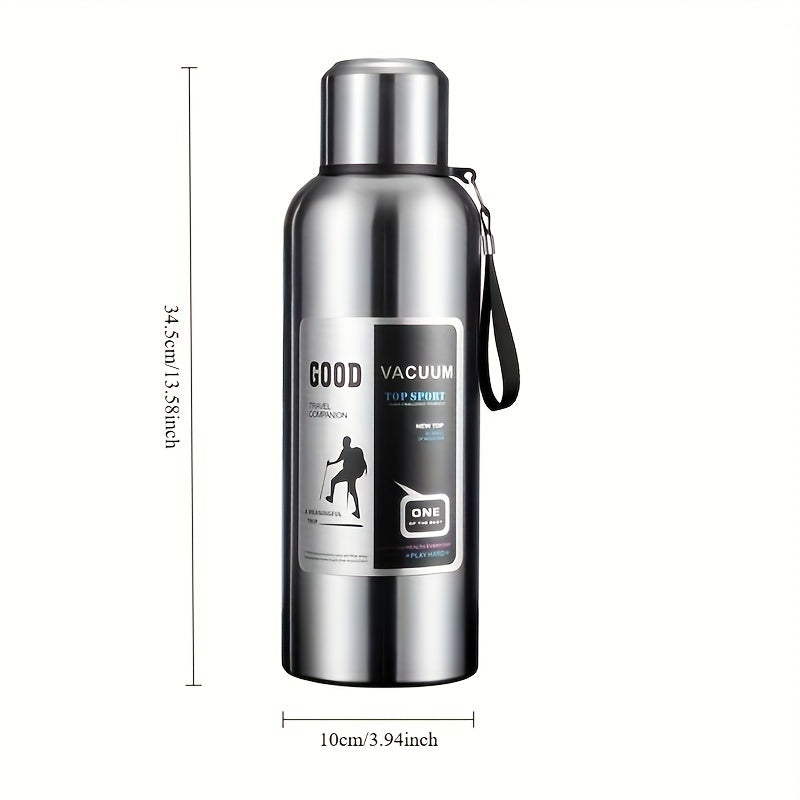 Large capacity stainless steel water bottle with handle, leak-proof, reusable, hand wash only, travel-friendly, no electricity needed, includes lid. Ideal for outdoor sports.