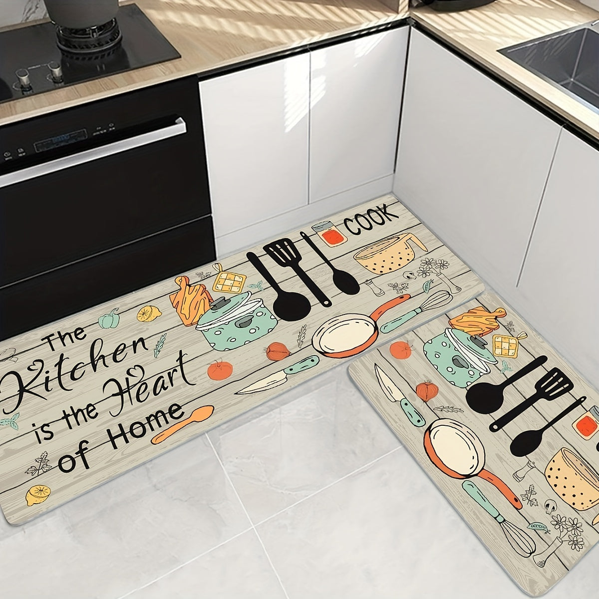 1pc Modern Polyester Kitchen Mat with Cutlery & Letter Graphics - Machine Washable Rectangular Floor Mat for Kitchen/Home Decor, Featuring "The Kitchen's the Heart of the Home" Theme. Perfect for Kitchen Rugs!