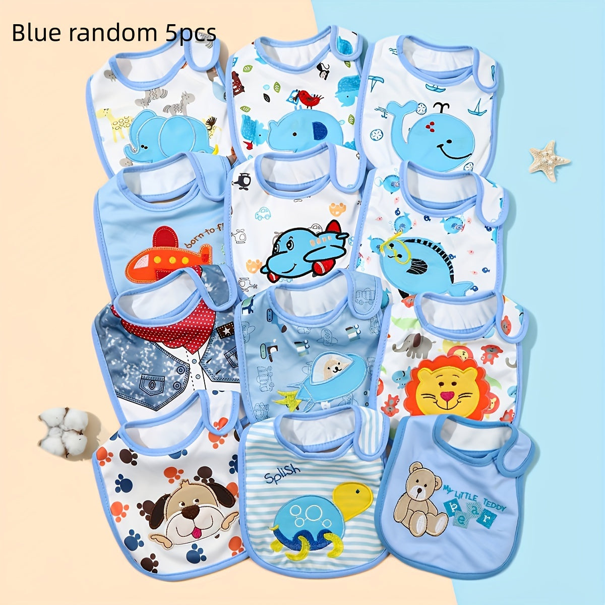 Set of 5 waterproof drool bibs for infants and toddlers aged 0-3 years, made of cotton with a hook & loop closure. Features playful designs suitable for both boys and girls, perfect for drooling and teething.