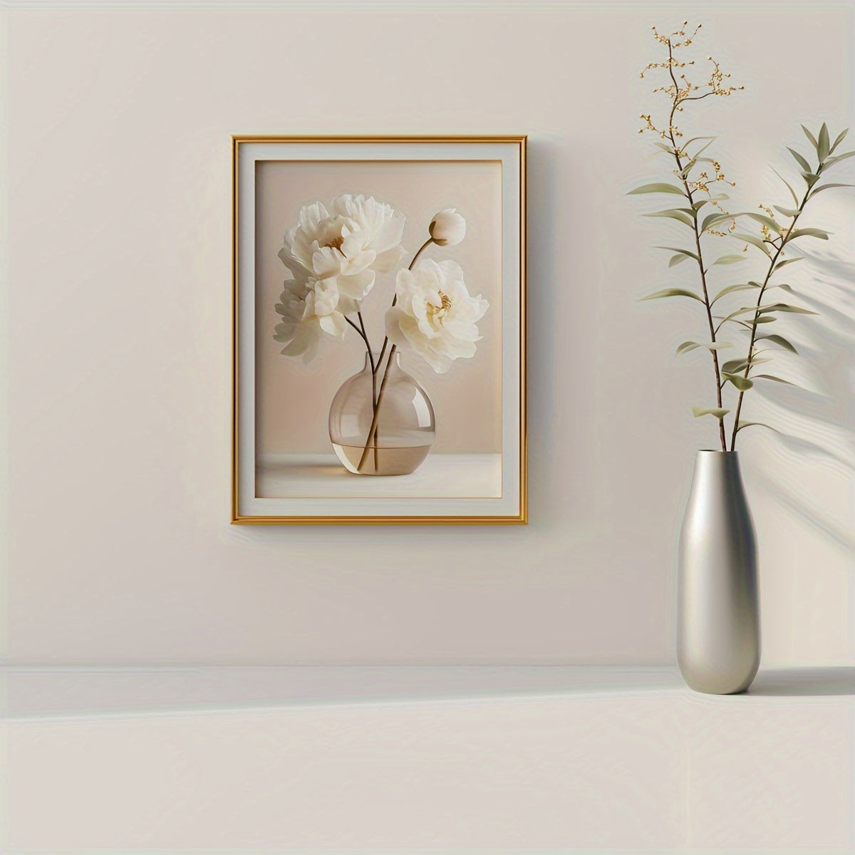 3 white peony flowers wall art prints for modern neutral decor in any room, unframed.