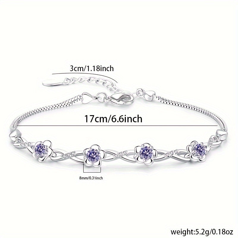 This bracelet is made of high-quality S925 silver, featuring a beautiful peach blossom design with plum blossom decoration and purple zirconia. It is perfect for everyday wear or as a thoughtful gift, weighing 5.2g/0.18oz.