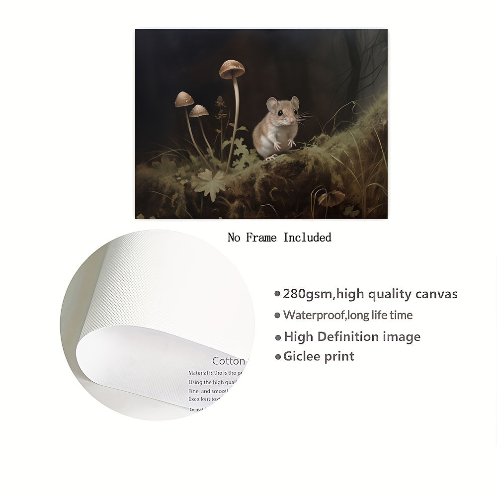 Canvas art featuring a charming mouse and mushrooms in a forest-inspired oil painting print. Ideal for enhancing the decor of a living room or bedroom. Unframed dimensions are 29.97x39.88 cm.