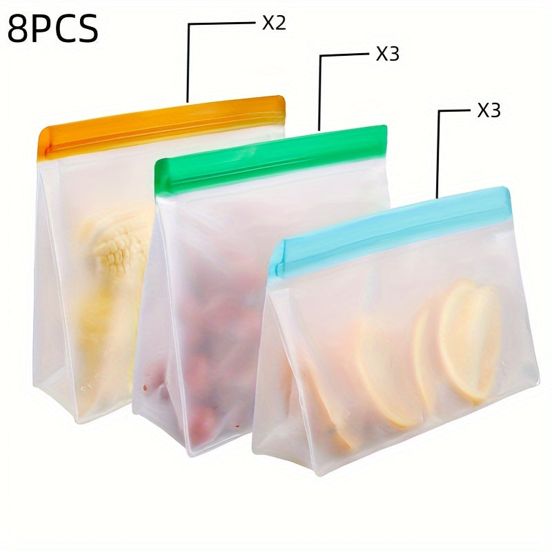 8 to 10 pieces of reusable storage bags in a pack, made of PEVA material that is free from Bisphenol A. These gallon-sized bags are leak-proof and vertical, perfect for storing food in the freezer. Also included are sandwich bags, travel snack bags, and