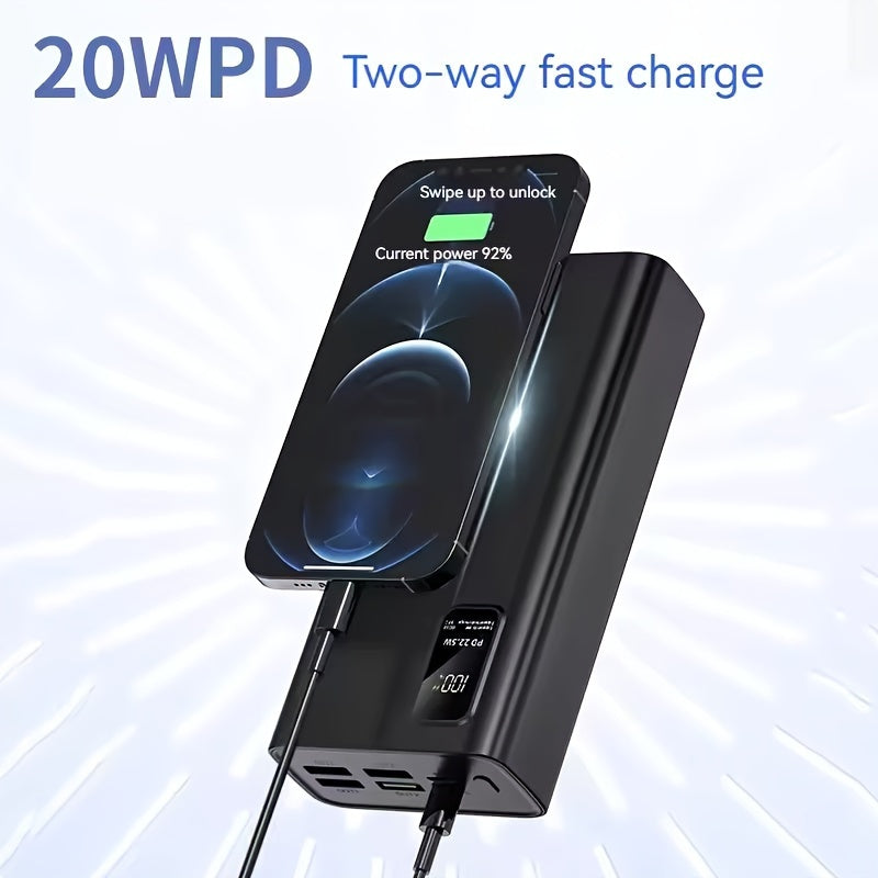 Portable power bank with 30000mAh capacity, 22.5W fast charging, and 3 USB outputs.