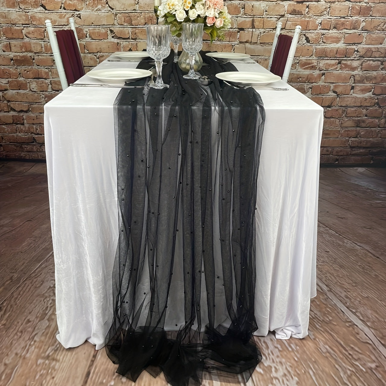 1 pc Pearl Table Runner for Wedding Arch Decor, Bridal Shower, and Event Decoration, featuring Romantic Pearl Lace embroidery on a Clear Wrinkle-Proof White Chiffon Tulle fabric.