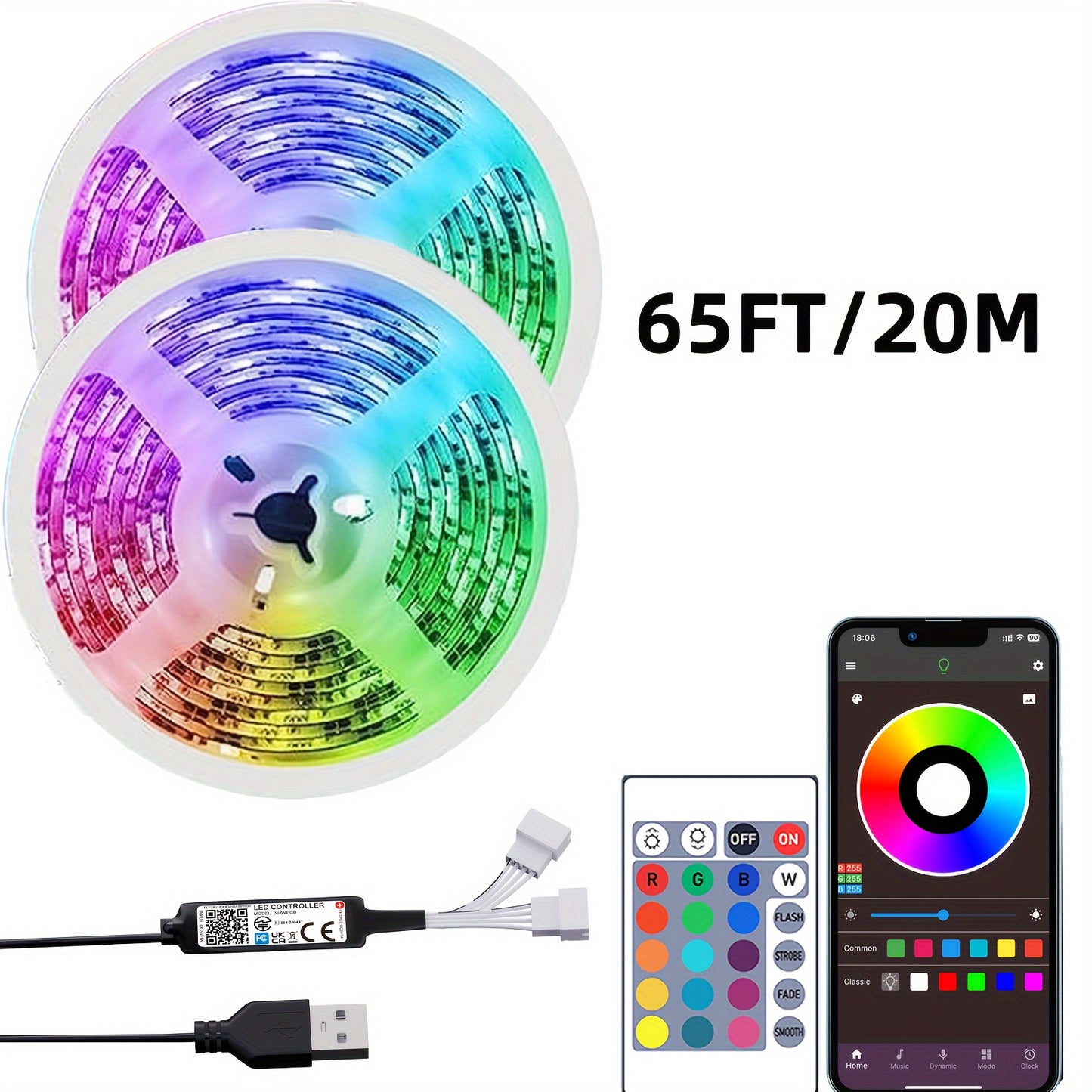 91.44cm-30.48m RGB LED strip lights with remote & app control, adjustable brightness, DIY mode, USB powered, ABS material, non-rechargeable button battery, for bedroom, living room, TV