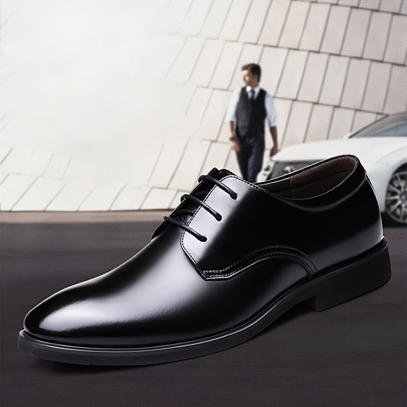 Black faux leather dress shoes with pointed toe and lace-up design, ideal for business, weddings, and parties.