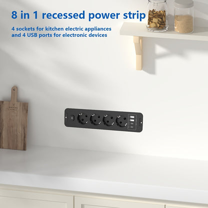 8-in-1 Power Plug Board with 4 USB ports and 4 AC sockets, 179.83cm cord, ideal for various spaces like homes, offices, and schools.