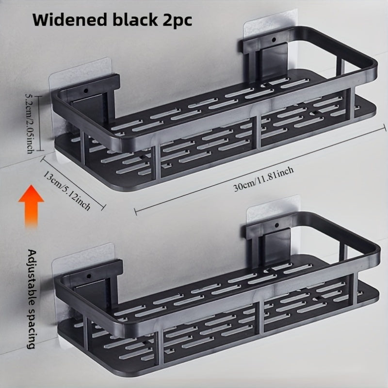 Two pieces of Corner Shower Caddy with Adhesive No-Drill feature that serves as a Bathroom Organizer. Made from Rust-Proof Plastic Material, this Wall-Mounted Storage Shelf comes with 2 Hooks for Shower Organization. No Electricity Required.