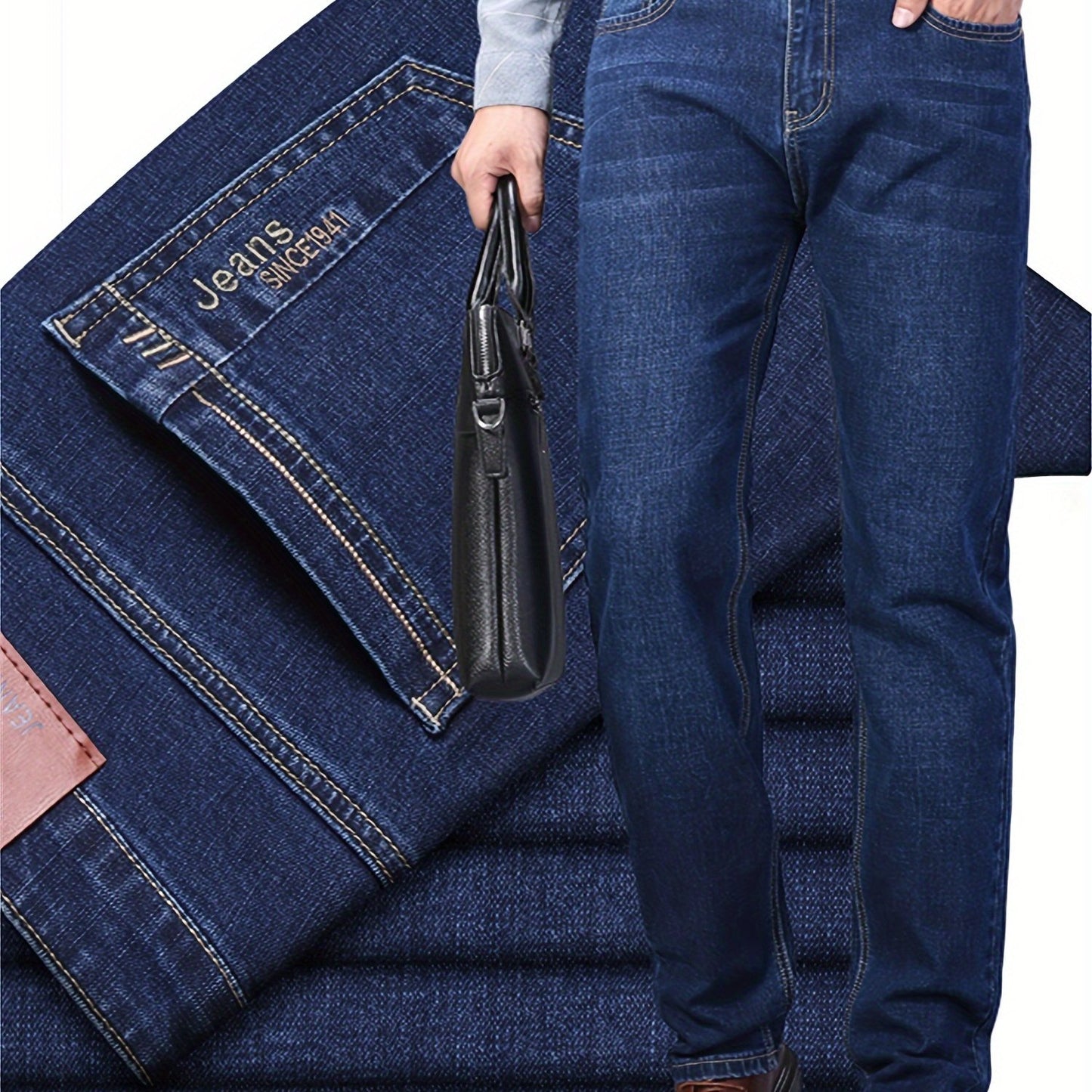 Men's casual cotton blend jeans with pockets, ideal for outdoor activities.