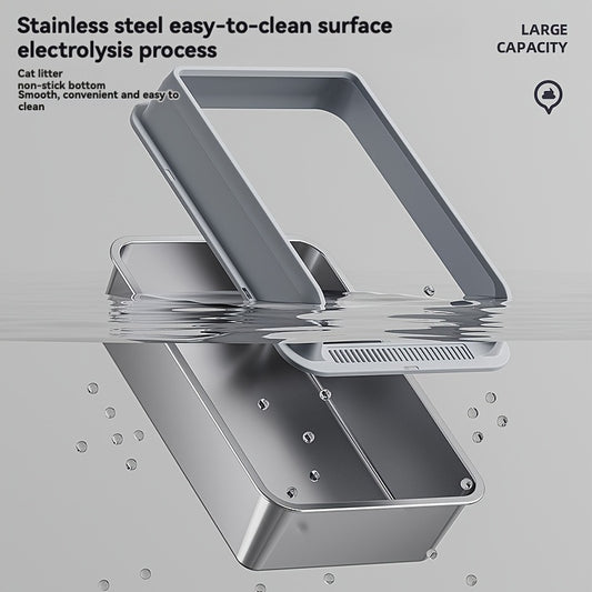 Large stainless steel litter box with splash guard cover for easy cleaning.