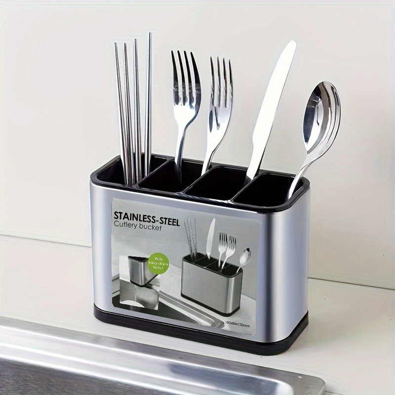 Stainless Steel Cutlery Bucket with Chopstick Barrel, Spoon Compartment, and Knife and Fork Storage on Filterable Kitchen Shelf