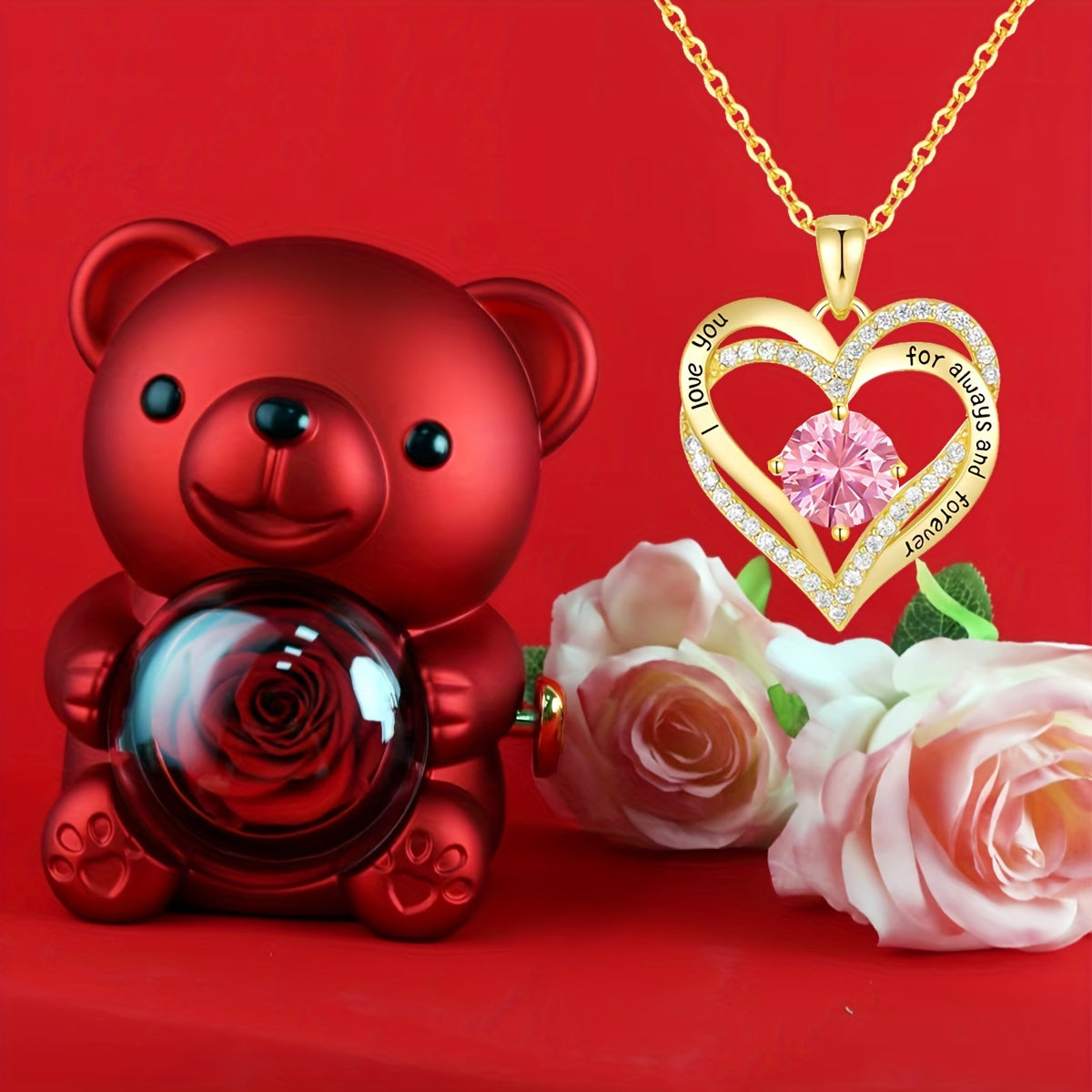 Exquisite Bear Pendant Necklace with Rose Detail for Women, 18K Gold Plated, Featuring High-Quality Cubic Zirconia, December Birthstone, Ideal Present for Mother, Partner, Sibling, or Grandparent, Suitable for Thanksgiving, Valentine's Day, Birthdays