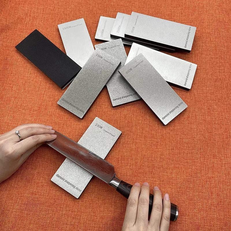 Professional metal whetstone system with diamond sharpening stones for knives. Includes grits of 1500#, 2000#, 2500#, and 3000#. Non-electric and suitable for kitchen cutlery. Perfect for chefs and outdoor use at home.