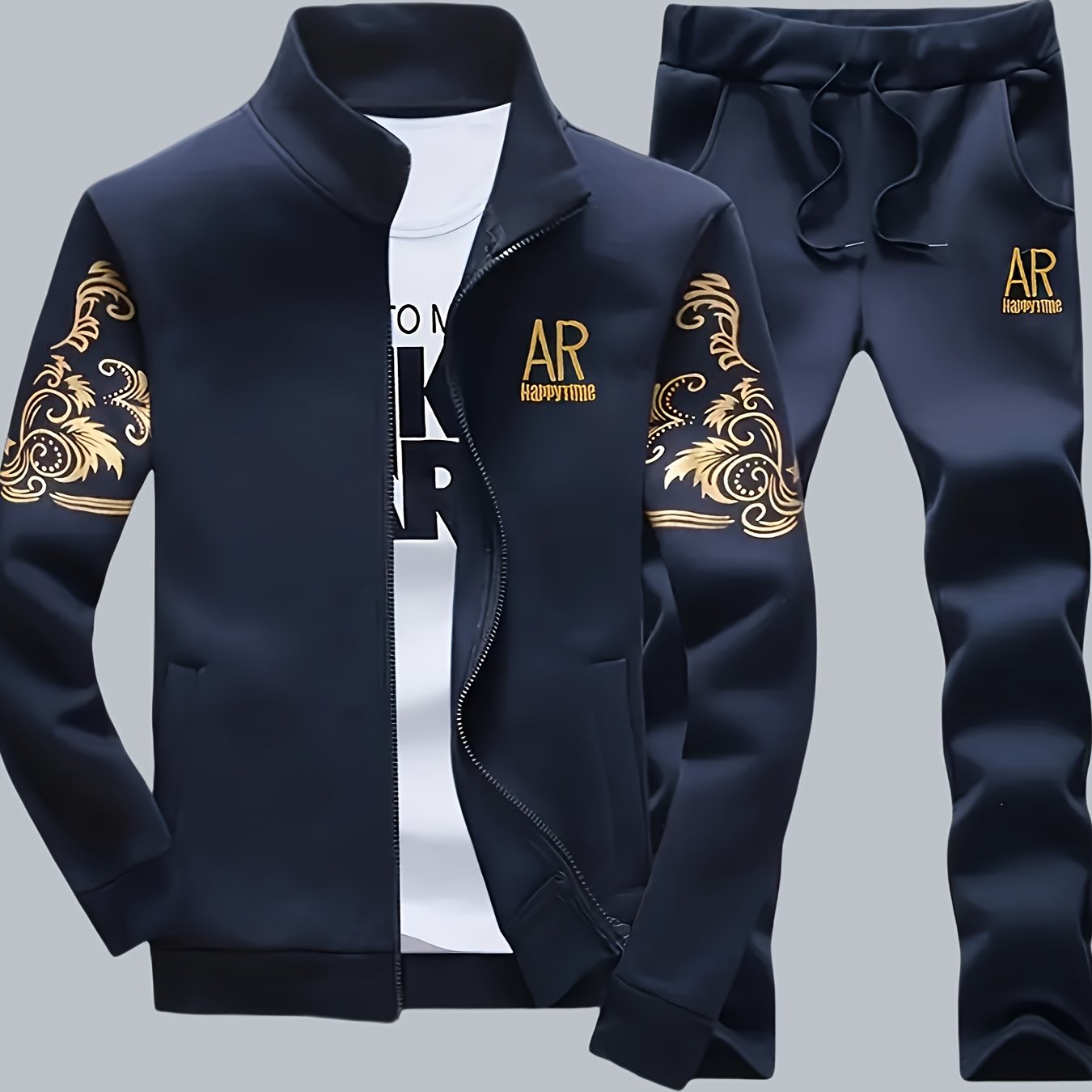 Men's Casual Athletic Set with Stand Collar Zip-Up Jacket in Black & Golden Floral Pattern and Elastic Waist Joggers in Polyester, suitable for Running and Home Lounging.