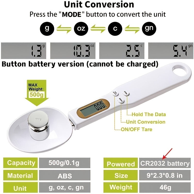 Accurate digital kitchen scale spoon with LCD display, precision range of 0.1g-500g, ideal for cooking, baking, and portion control. Powered by button batteries.