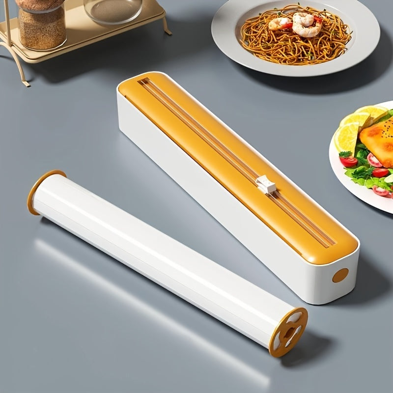 This ABS Plastic Wrap Dispenser features a Slide Cutter and can be used for both Cling Film and Foil. It is a 2-in-1 tool that is refillable and designed for storing and cutting kitchen drawer fresh-keeping film packaging. Please note that it is not