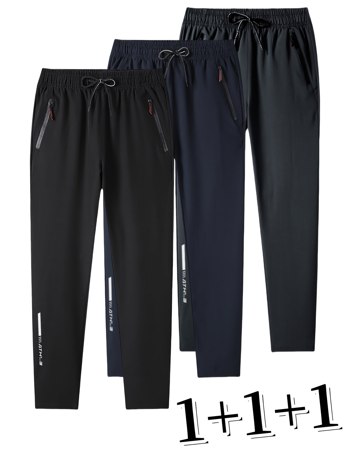 Three men's polyester sports track pants with zipper for running, training, hiking, and casual wear in spring/summer.