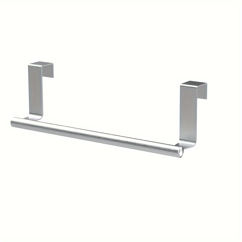 Steel towel bar for door or cabinet storage, holds hand and dish towels in kitchen or bathroom.