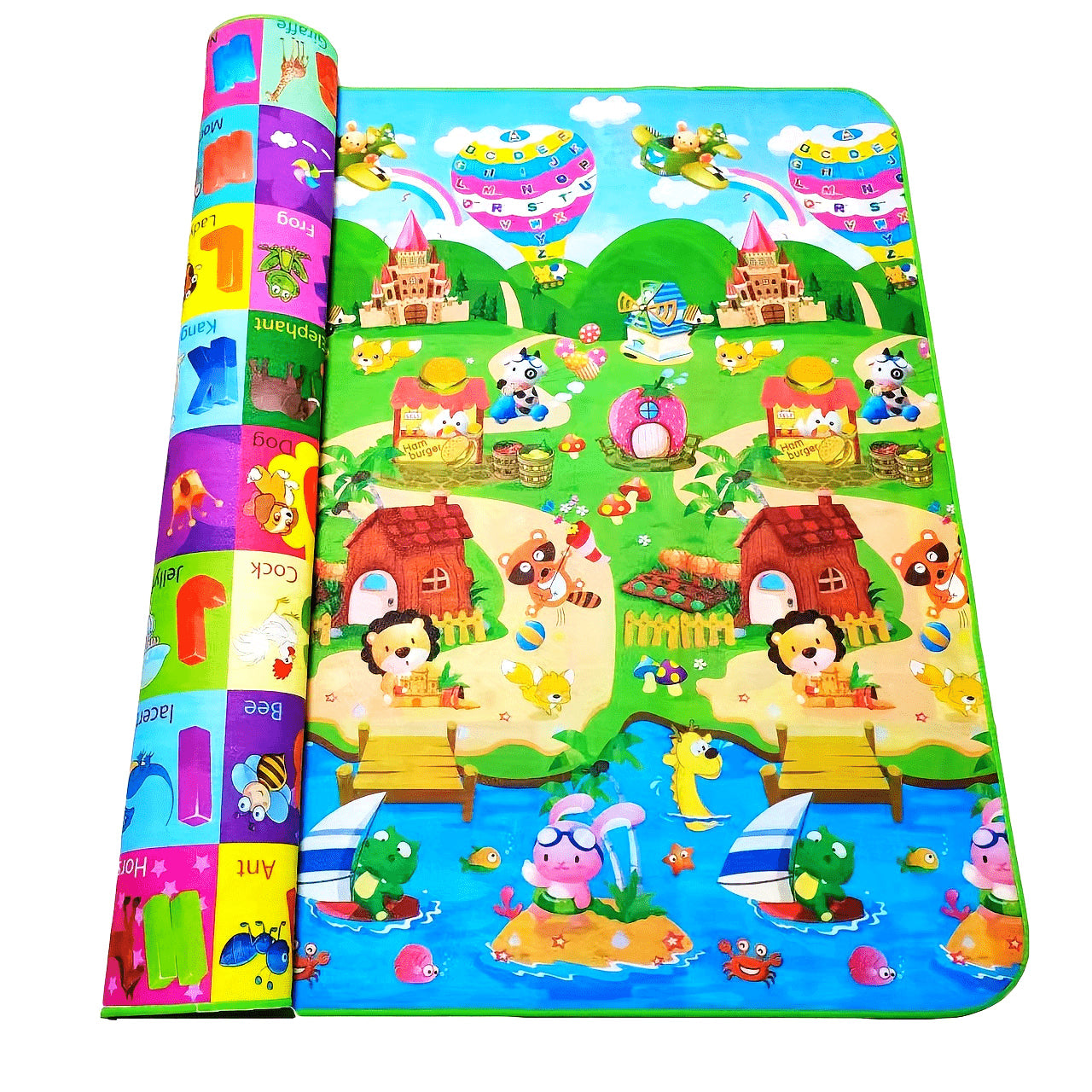 This reversible baby play mat is foldable, made of thick foam for extra cushioning, easy to clean, and measures 1.8m x 2m. It is constructed with a PVC surface material for durability.