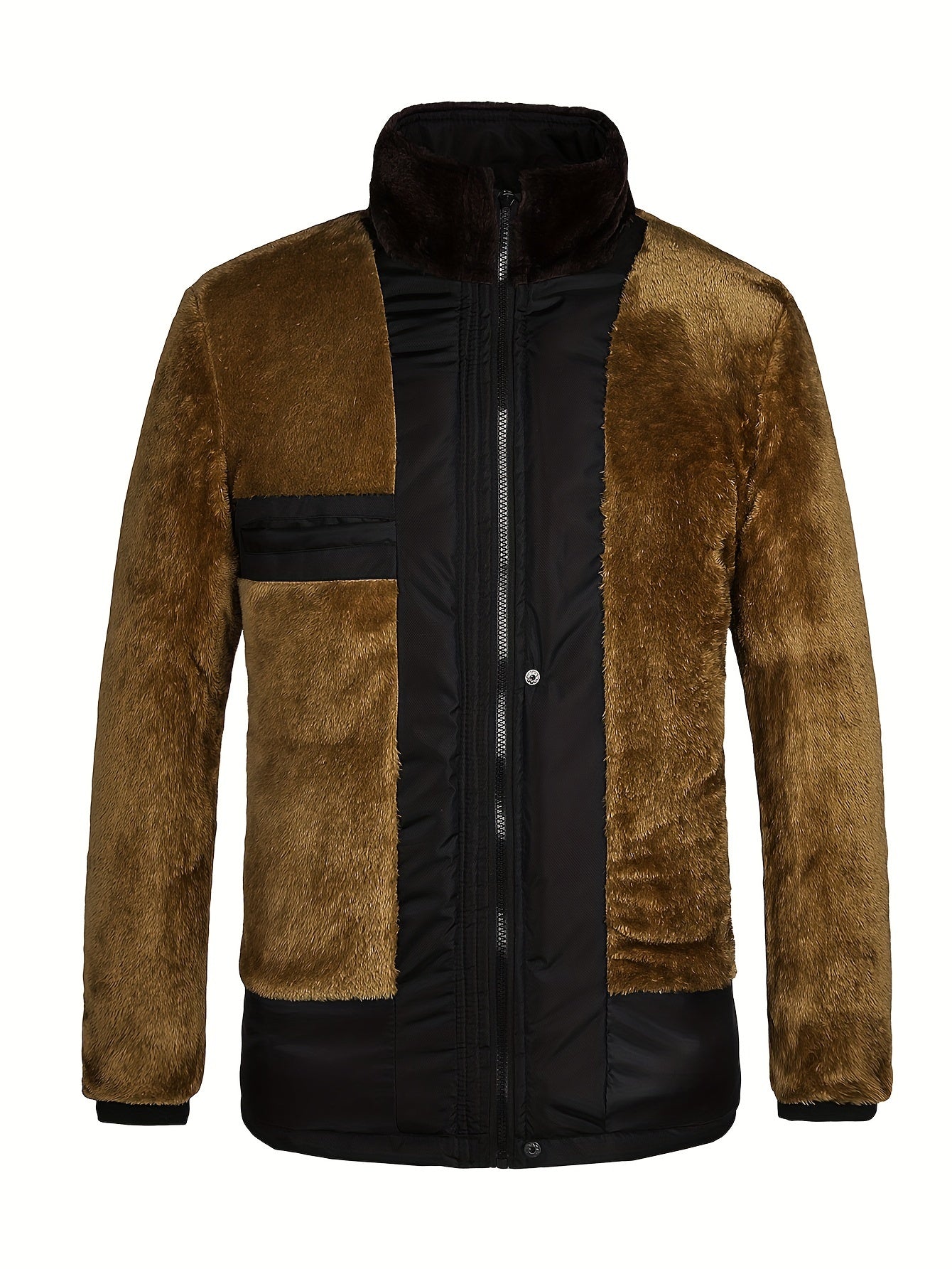 Men's hooded jacket with warm padded polyester outerwear, zipper pockets, non-stretch fabric, and solid color.