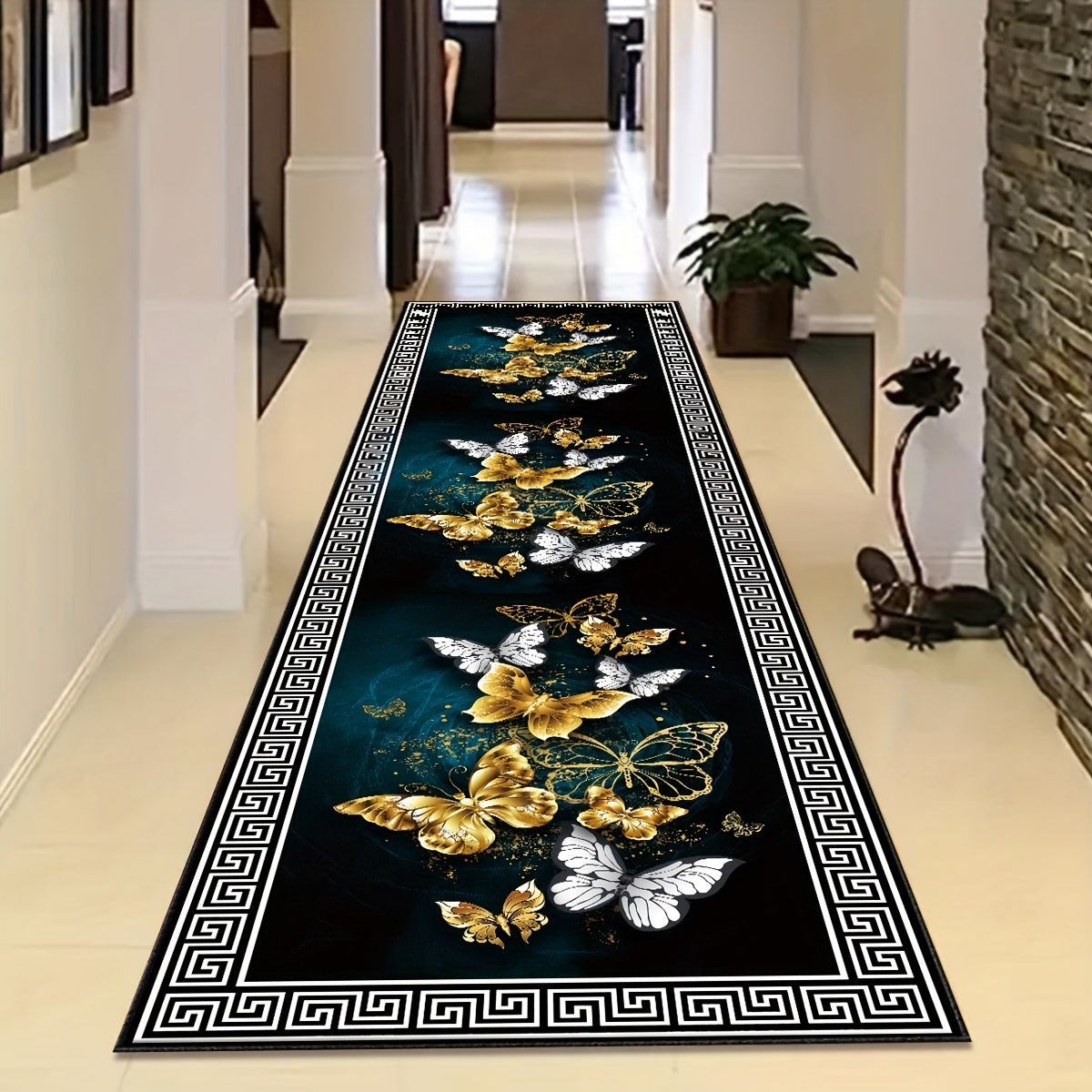 Add a touch of elegance to your home with our Elegant Black & Golden Butterfly Pattern Runner Mat. Made from soft and non-slip machine washable polyester, this mat is perfect for hallways, entryways, and bedrooms. Available in three sizes: 49.99x79.98cm