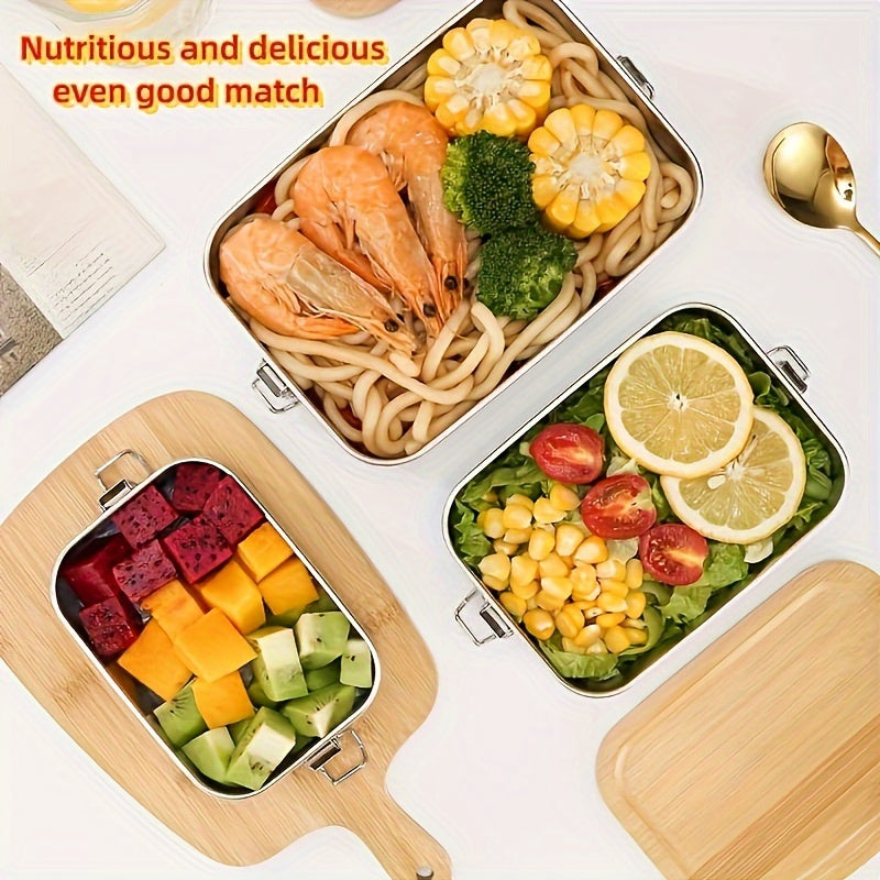 Portable Lunch and Snack Food Container - Bamboo Lid Stainless Steel Bento Box